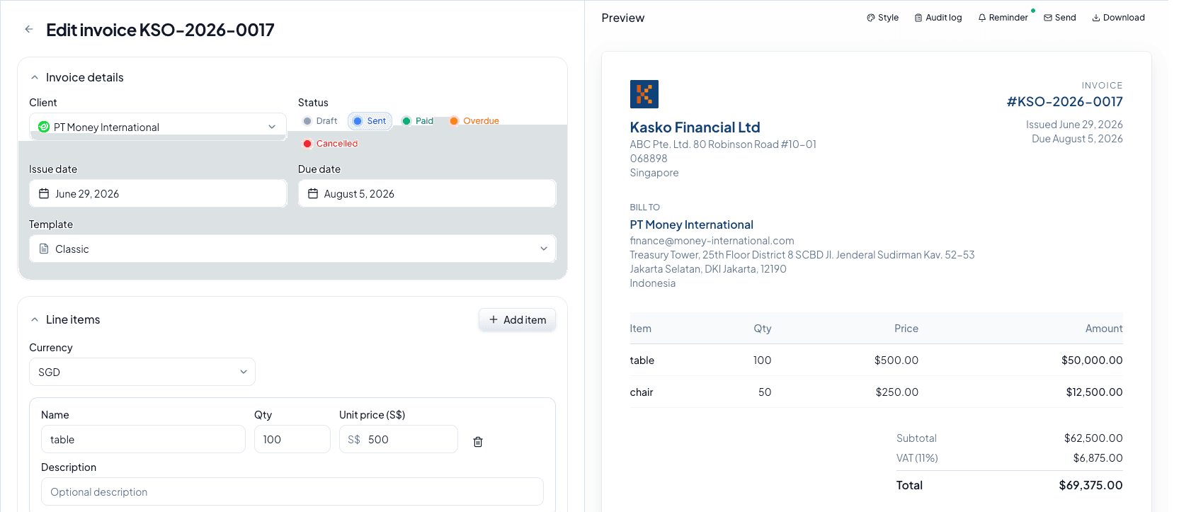 Invoice dashboard preview